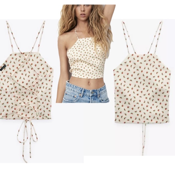 Zara cream watermelon print halter crop top open back lace up M summer festival - Picture 2 of 14